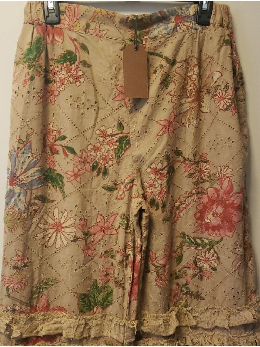 A Rare Bird NWT 100% Cotton Women's Wide Leg Boho Ruffle Pants - Beige Floral - Picture 2 of 13